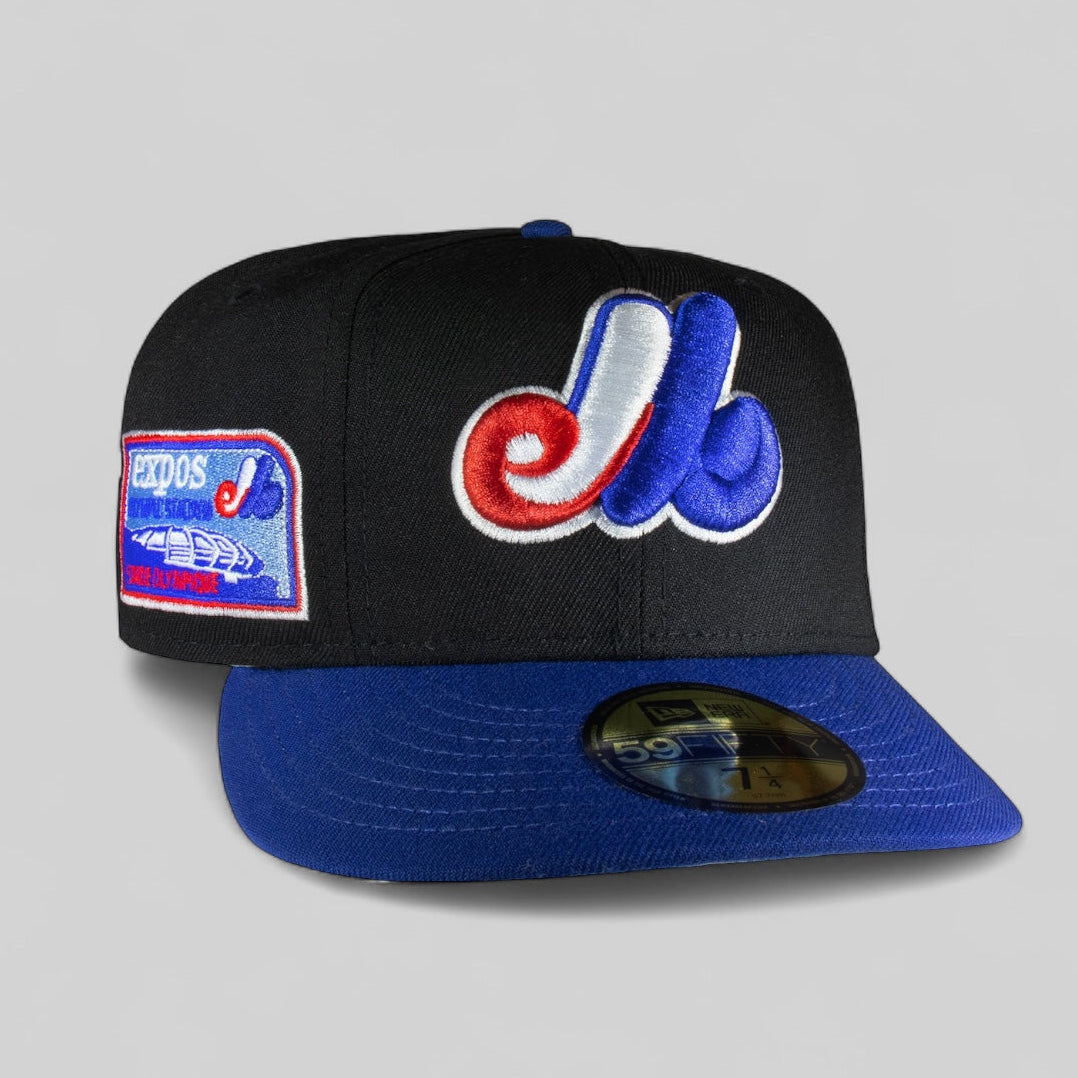 Black and blue baseball cap with logo on a gray background
