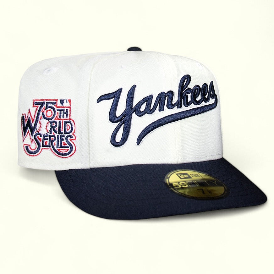 A New York Yankees baseball cap with white and navy colors, featuring the team's script and a patch commemorating the 1978 World Series.