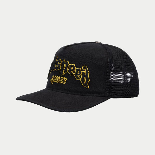 GODSPEED Forever All Black/Yellow Outline Trucker Hat