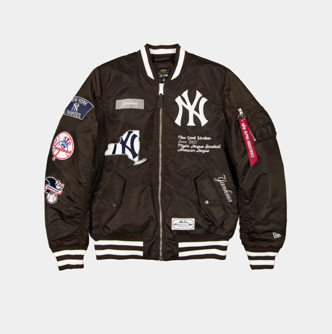 New York Yankees Brown Satin Bomber Jacket New Era X Alpha Industries 2025