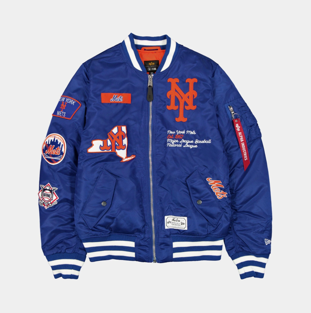 New York Mets Royal Blue Satin Bomber Jacket New Era X Alpha Industries 2025