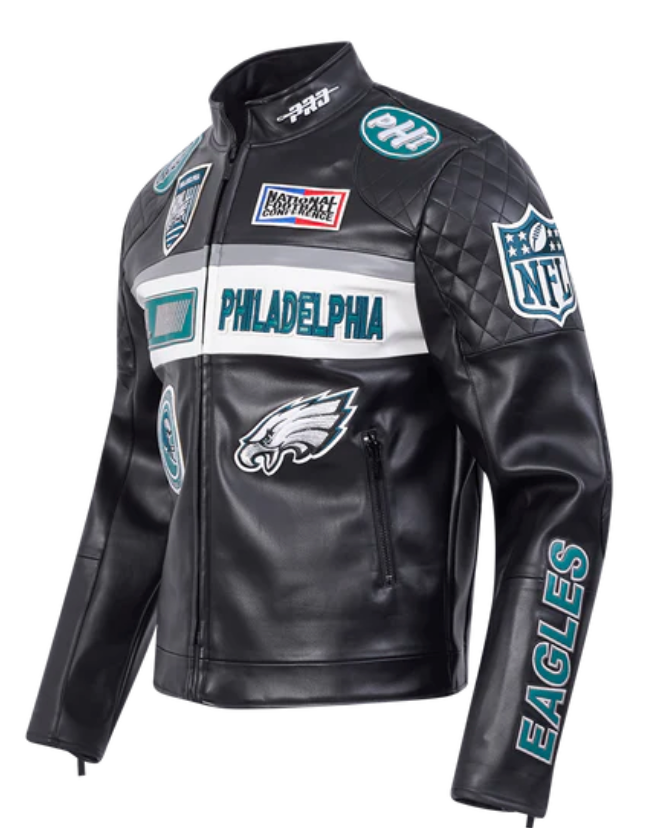 Philadelphia Eagles Black Biker Moto Leather Jacket